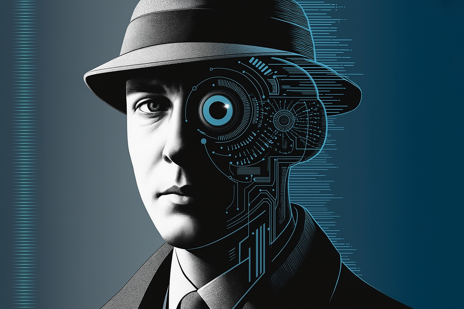 Detektiv 4.0 mit klassischem Aussehen, aber einer Art Roboterauge; Privatermittler aus Hannover, Wirtschaftsdetektiv aus Hannover, Wirtschaftsermittler aus Hannover, Detektiv-Service aus Hannover