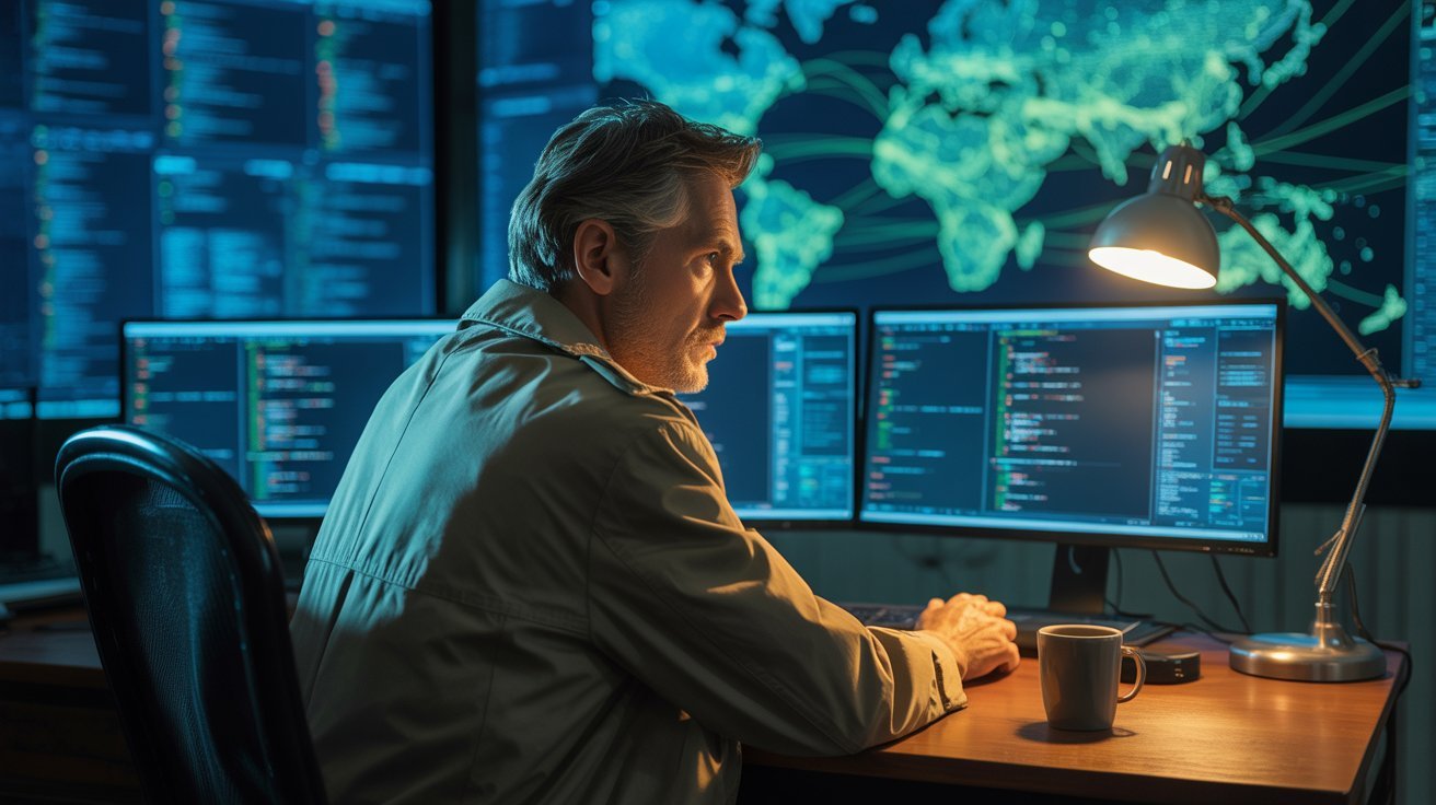 Detektiv vor Vielzahl an Screens mit Datenanalysen; Detektiv aus Hannover, Privatdetektiv aus Hannover, Detektei aus Hannover, Detektivagentur aus Hannover