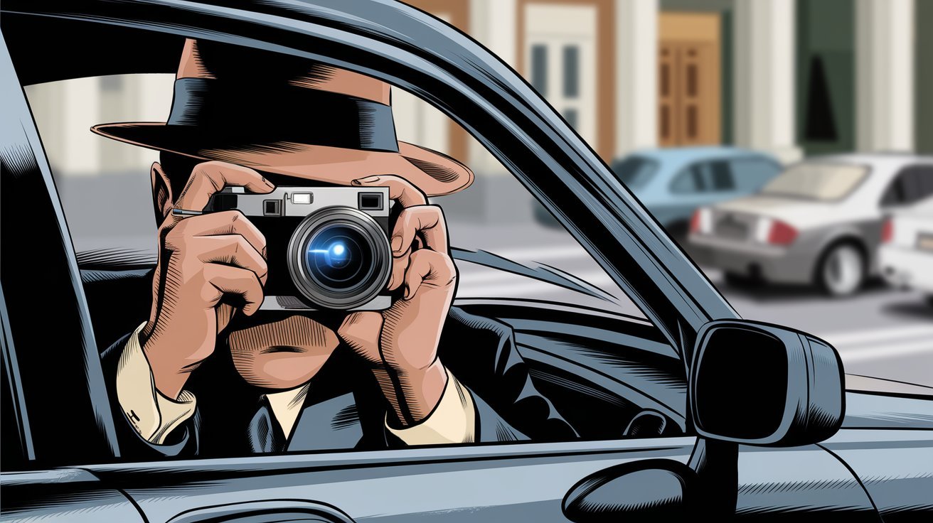 comic style detective conducting surveillance; private investigator Germany, private detective Germany, detective agency Germany, investigation service Germany