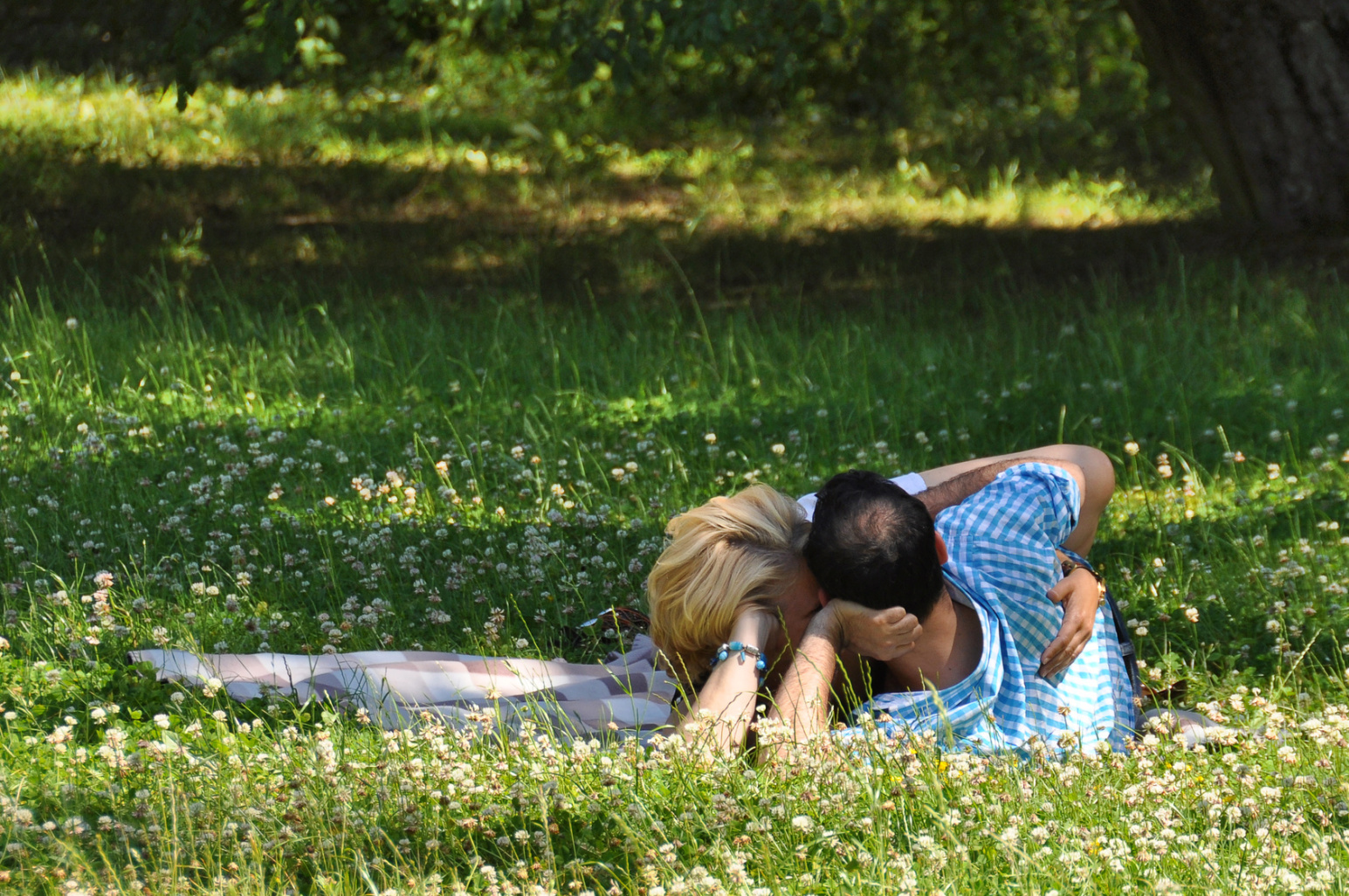 Ein Mann und eine Frau, beide mittleren Alters, umarmen sich liegend auf einer Wiese. Untreue in der Partnerschaft, Kurtz Detektei Hannover.